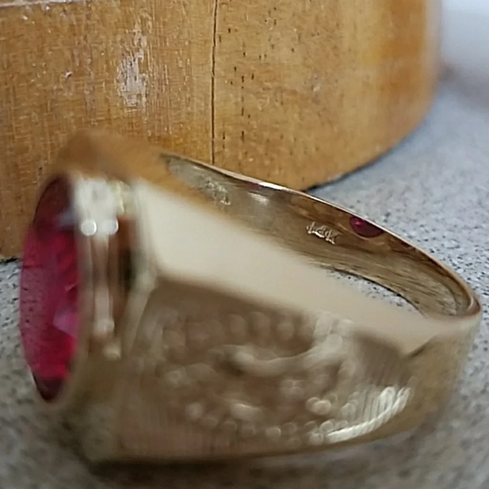 15mm 14k Yellow Gold Men's nugget Religious Ruby Guadalupe Ring